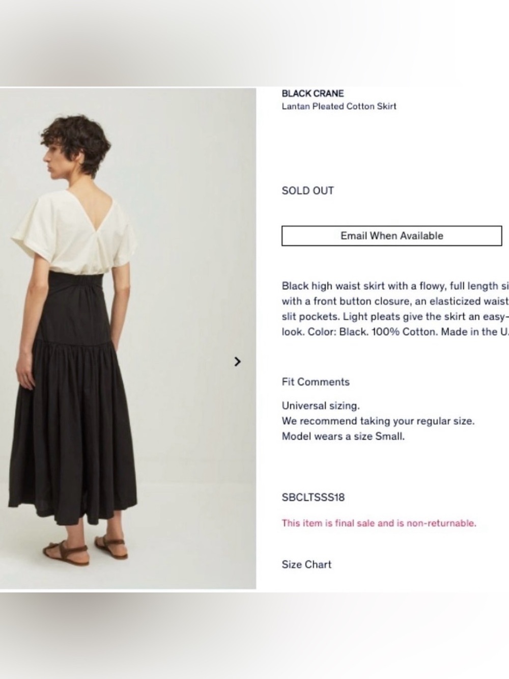 Black Crane Lantan Pleated Cotton Skirt Ivory Button Front Drop Waist Small - Picture 10 of 10
